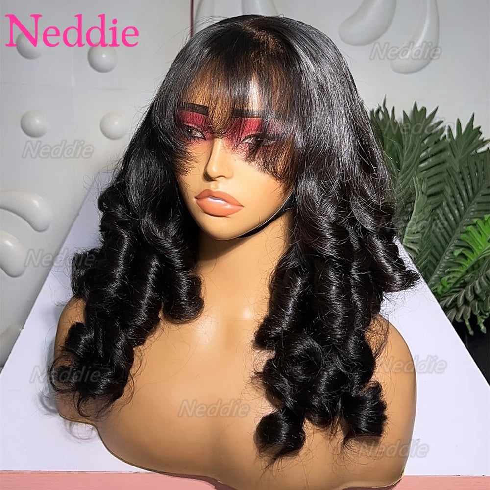 30 Inch Body Wave Human Hair Wigs With Bangs Full Machine Made Scalp Wig For Women Brazilian Remy Hair Fringe Bangs Wig 30 Inch