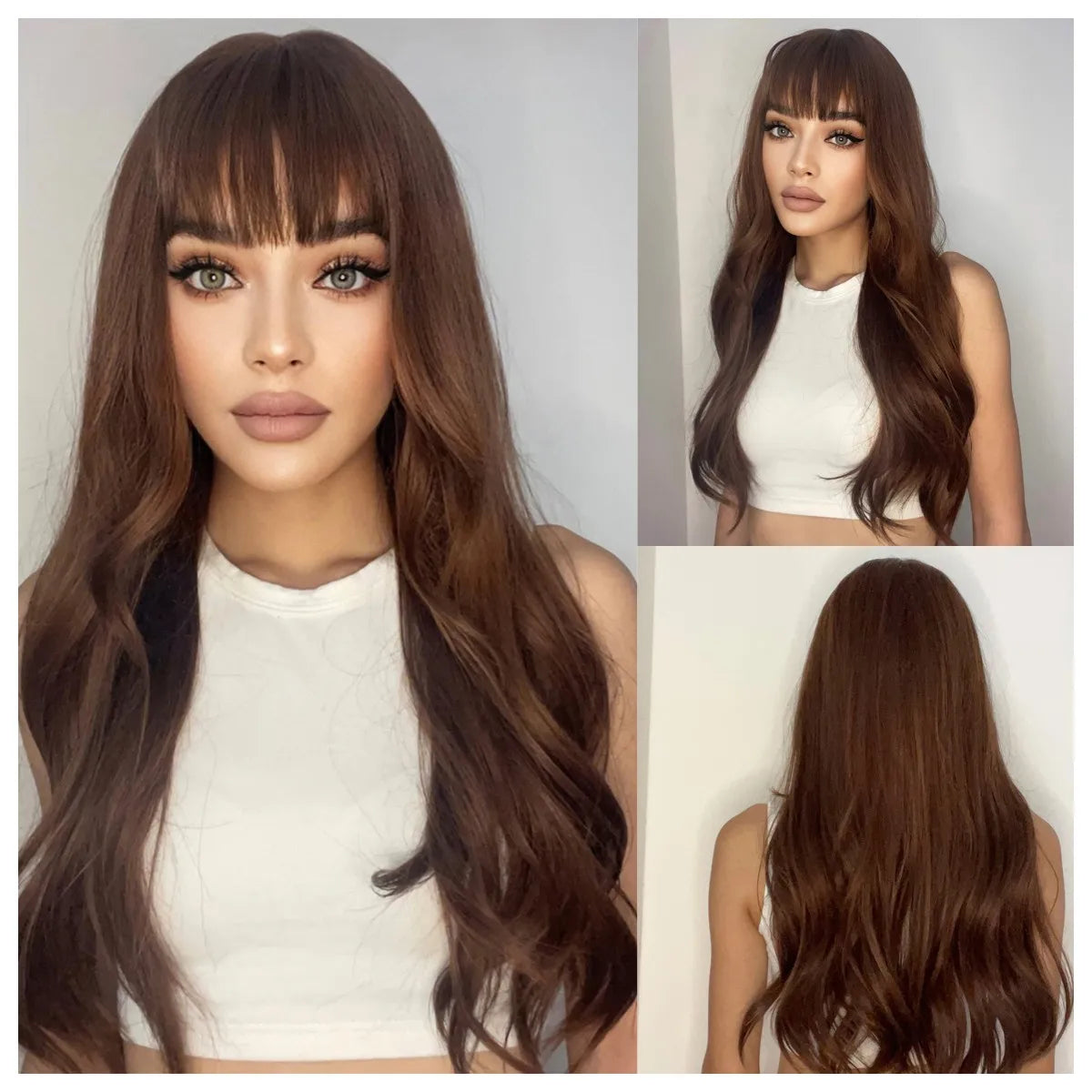 LOUIS FERRE Dark Brown Long Wavy Natural Hair Women's Synthetic Wig With Bangs Long Water Wave Daily Cosplay Hair Heat Resistant