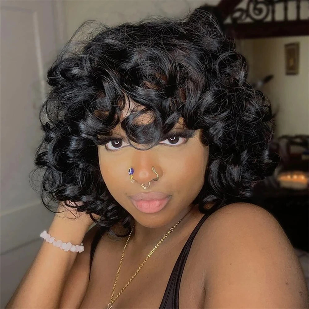 Ready to Wear Funmi Curly Full Machine Made Short Bob Wig with Bangs Glueless Loose Curly Vietnamese Human Hair Wigs for Women