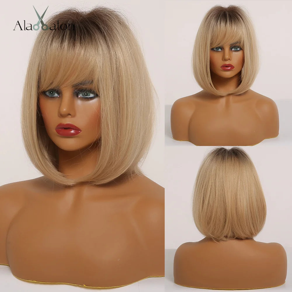 ALAN EATON Platinum Blonde Synthetic Wigs for Women Hihlight Short Straight Bob Wig with Bangs Daily/Party Hair Heat Resisitant