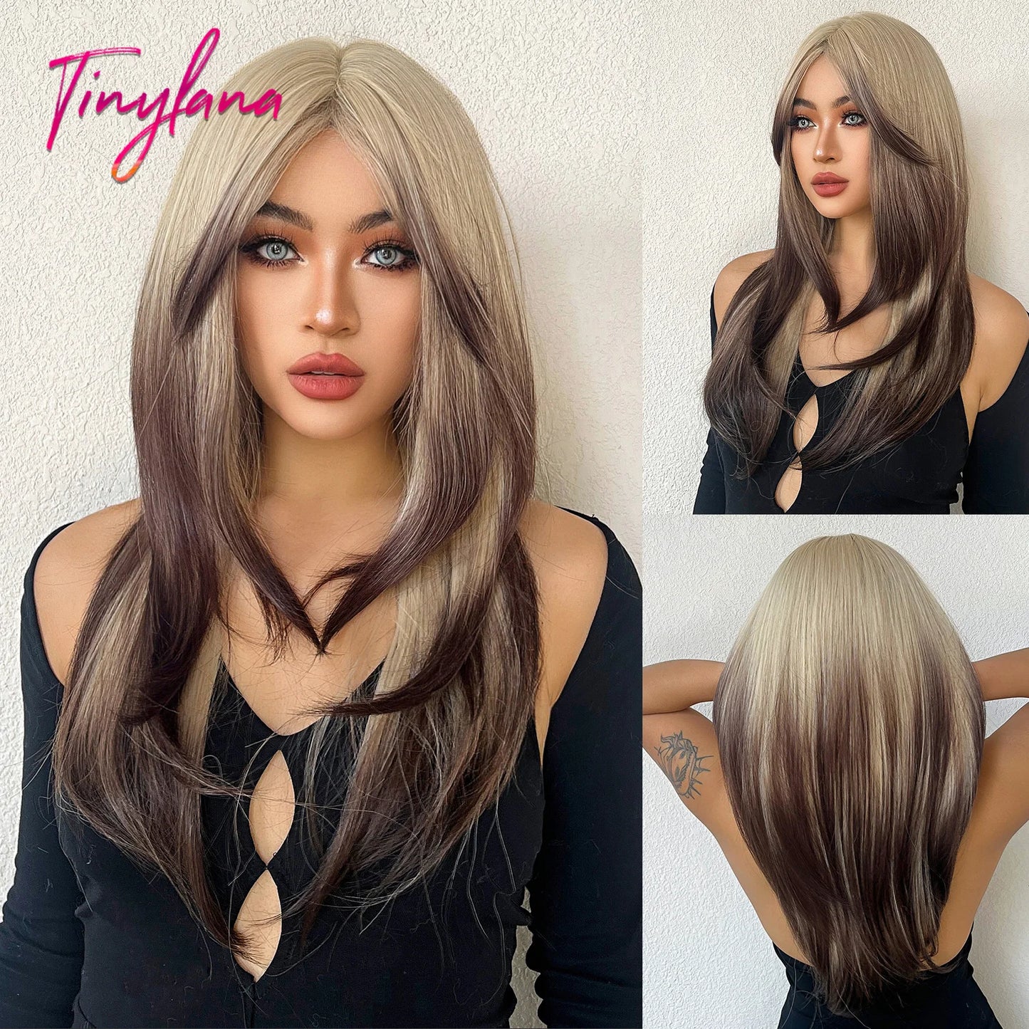 Long Brown Blonde Straight Synthetic Wig with Bangs Brown Ombre Cosplay Layered Wigs for Women Party Heat Resistant Natural Hair