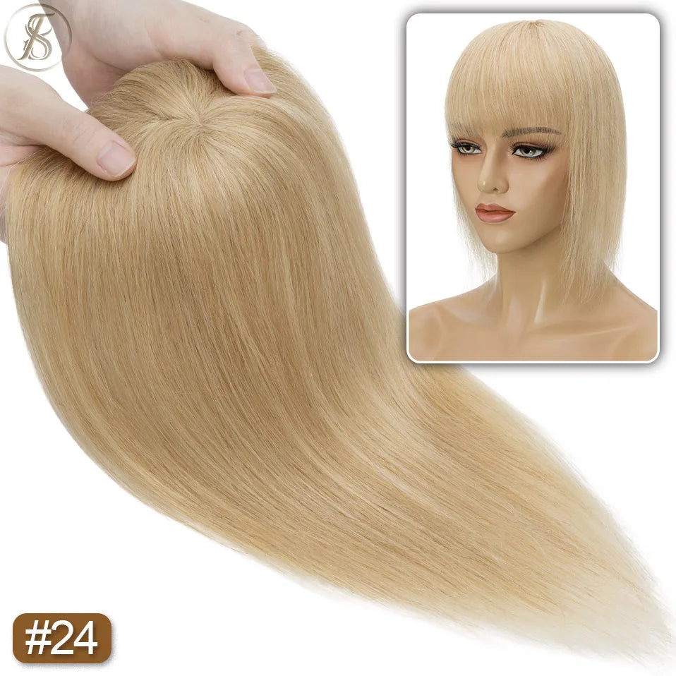 TESS Human Hair Toppers 8.5x8.5cm Women Topper 2cm Hair Vortex Natural Hair Wigs Center Crown Machine-made Hairpiece With Bangs