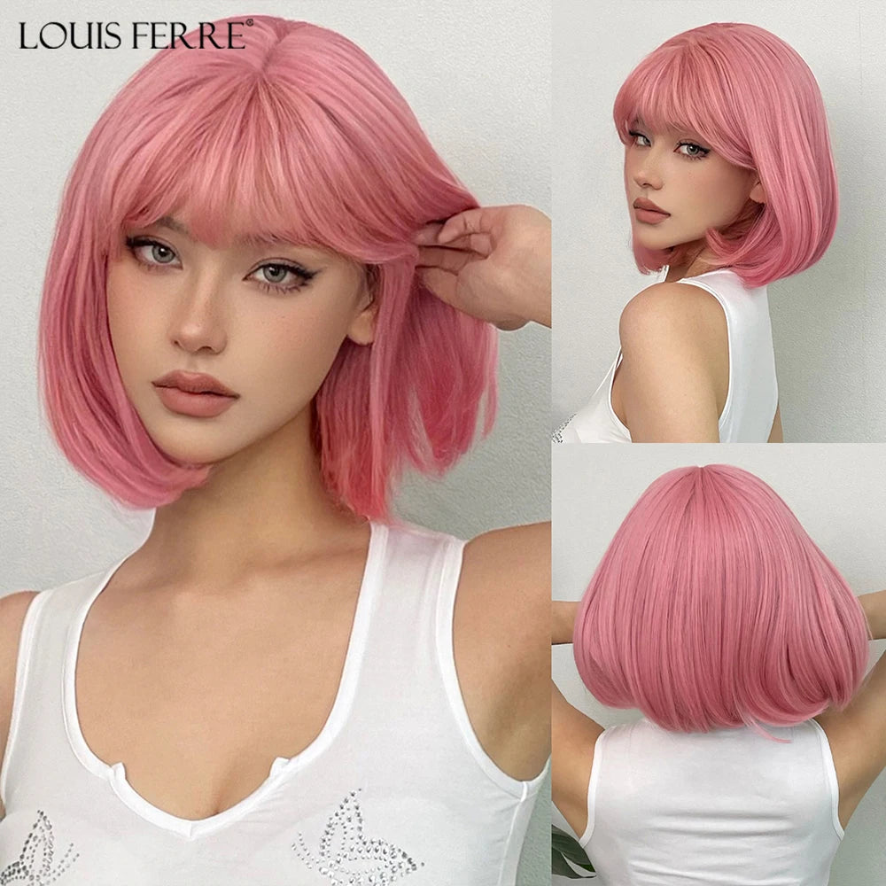 LOUIS FERRE Blonde Short Bob Wigs with Bangs Heat Resistant Synthetic Daily Cosplay Ombre Blonde Hair Wigs for White/Black Women