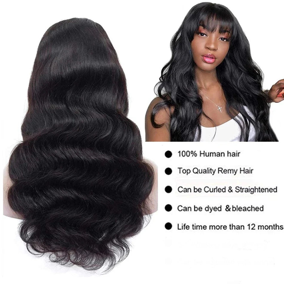 Varlea 200% Density Body Wave Human Hair Wigs Full Woven With Bangs Wig No Lace Wig Loose Body Wave Short Bob Human Hair Wigs