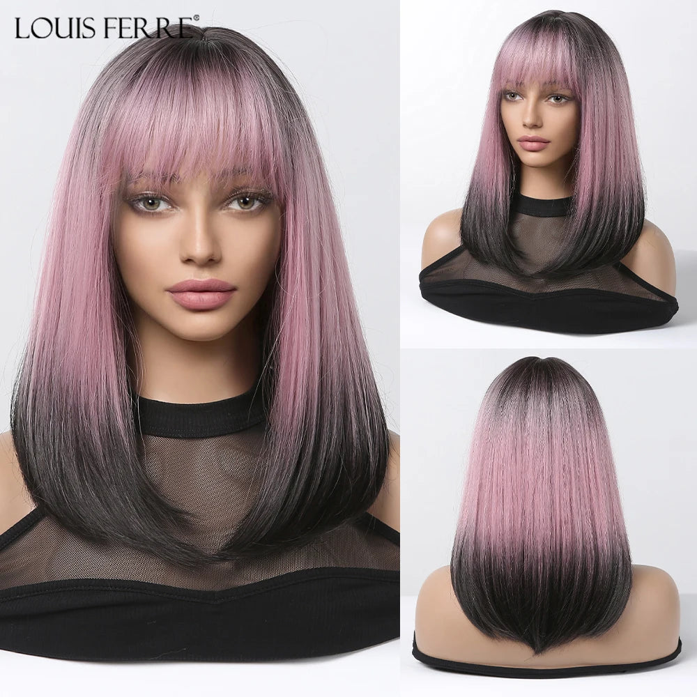 LOUIS FERRE Short Straight Synthetic Wigs for Women Brown Bob Wigs with Bangs Daily Cosplay Medium Length Heat Resistant Hair