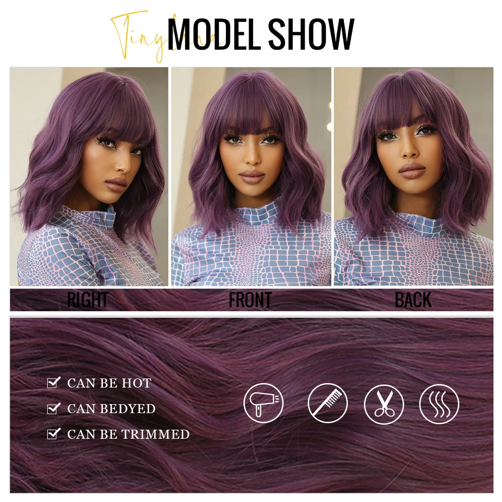 Gray Purple Pink Short Bob Synthetic Wigs with Bangs Curly Cosplay Ombre Wig for Women Afro Natural Wave Heat Resistant Hair
