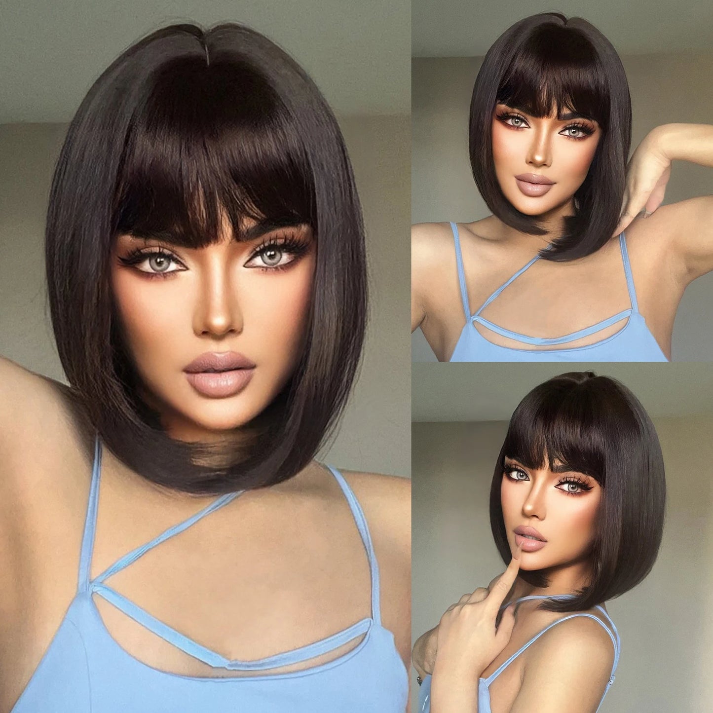 LOUIS FERRE Short Straight Synthetic Wigs for Women Brown Bob Wigs with Bangs Daily Cosplay Medium Length Heat Resistant Hair