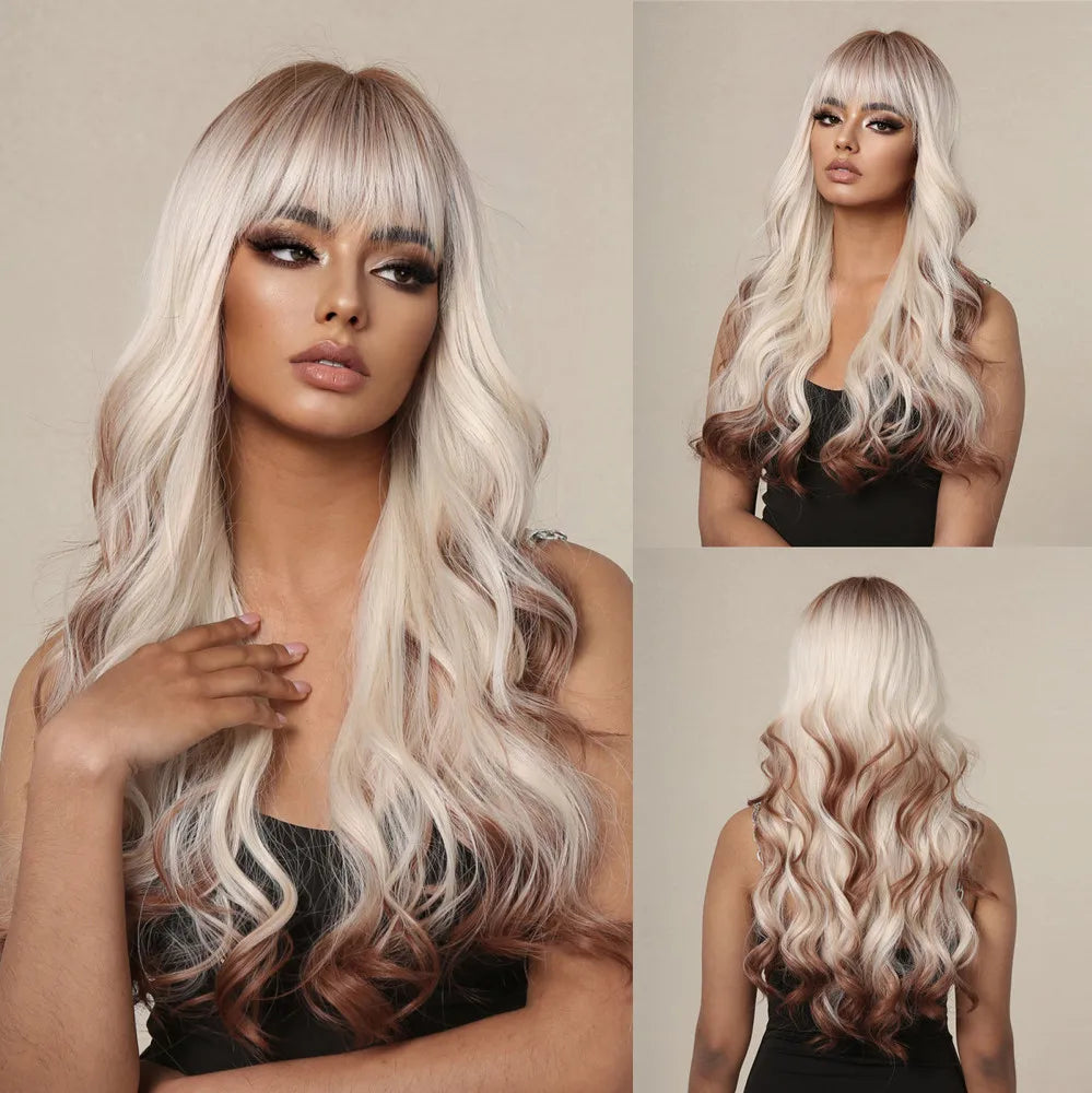 ALAN EATON Ombre Blonde Brown Wave Synthetic Wig Long Natural Looking Hair Wigs with Bangs for Women Daily Heat Resistant Fiber