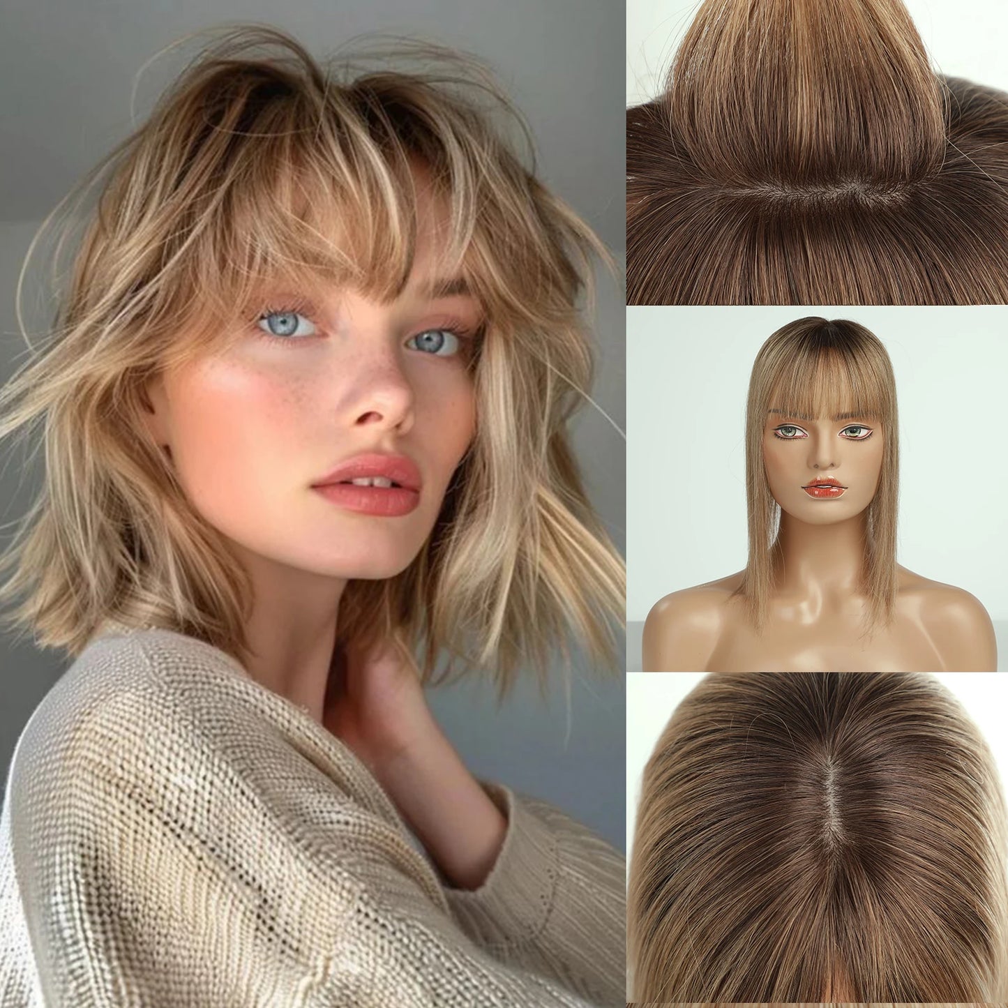 14 inch Hair Toppers for Women Brown Blonde Ombre Human Hair Toppers Silk Base Clips in Hair Extension Blonde Topper With Bangs