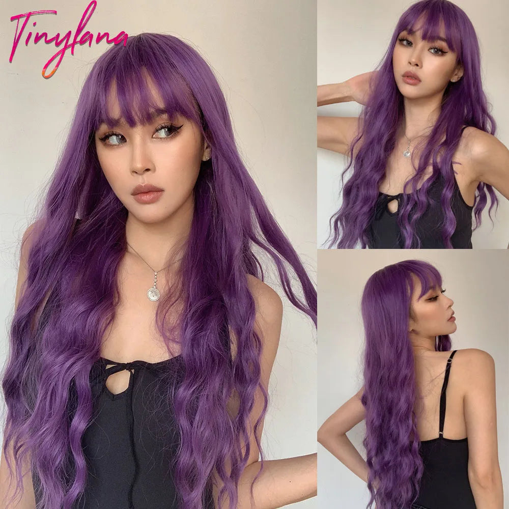 Gray Purple Pink Short Bob Synthetic Wigs with Bangs Curly Cosplay Ombre Wig for Women Afro Natural Wave Heat Resistant Hair
