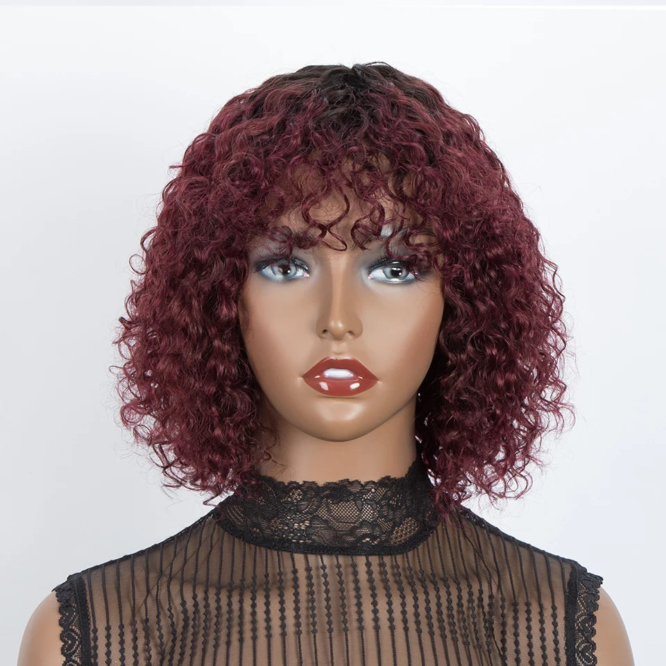 Jerry Curly Short Bob Human Hair Wigs With Bangs Wear To Go Glueless Wig Ombre 99J Water Wave Blonde Colored Wig For Women
