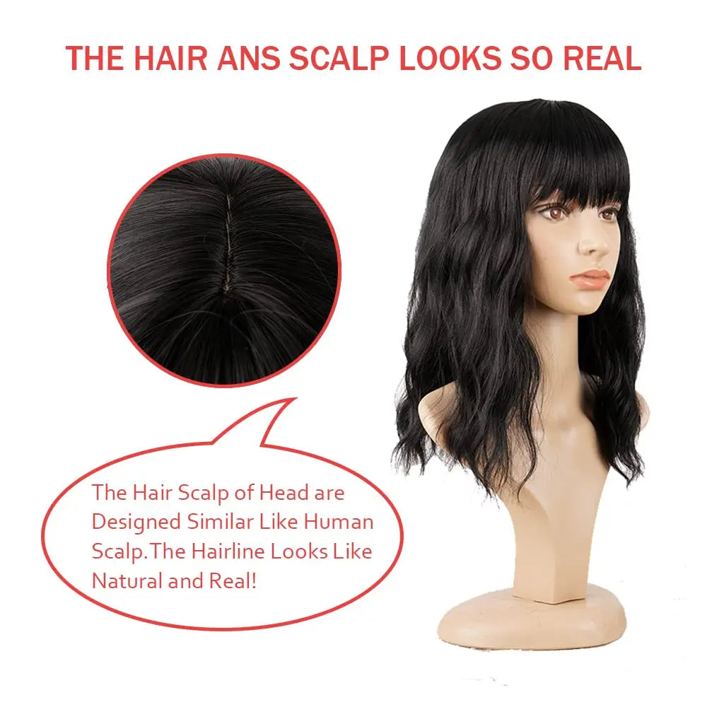 Natural Brown Synthetic Curly Wavy Bob Wig with Bangs for Women