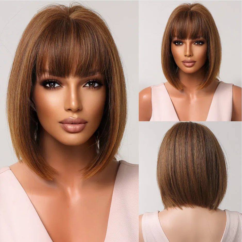 LOUIS FERRE Short Straight Synthetic Wigs for Women Brown Bob Wigs with Bangs Daily Cosplay Medium Length Heat Resistant Hair
