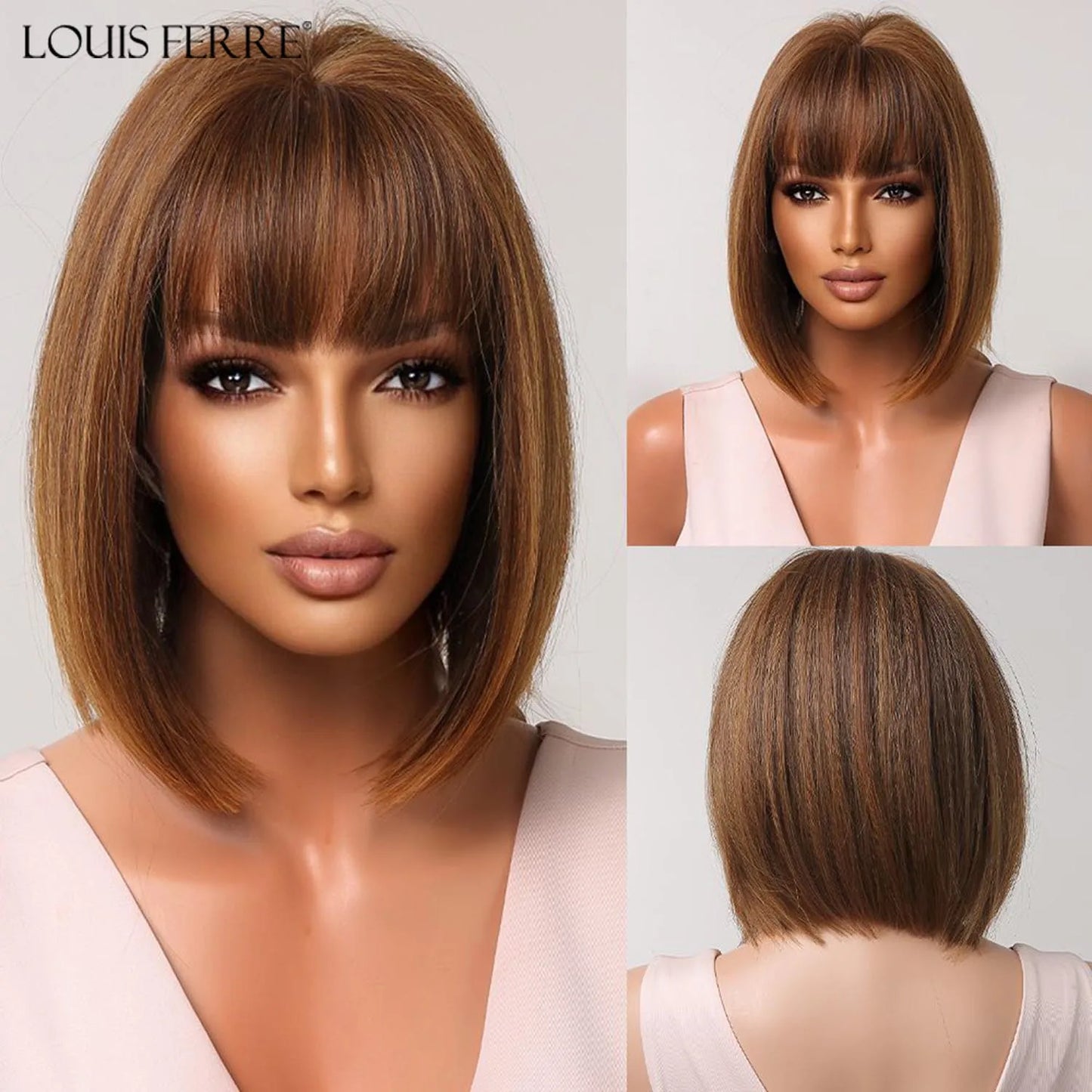 LOUIS FERRE Short Light Pink Bob Wigs With Bangs Natural Synthetic Wigs for Women Daily Cosplay Hair Heat Resistant Fibre Wig