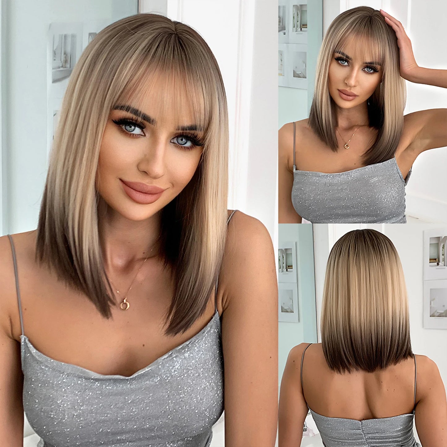 HENRY MARGU Brown Short Bob Straight Wigs with Pink Highlight Women Brown Daily Wig Synthetic Hair Wig with Bangs Heat Resistant