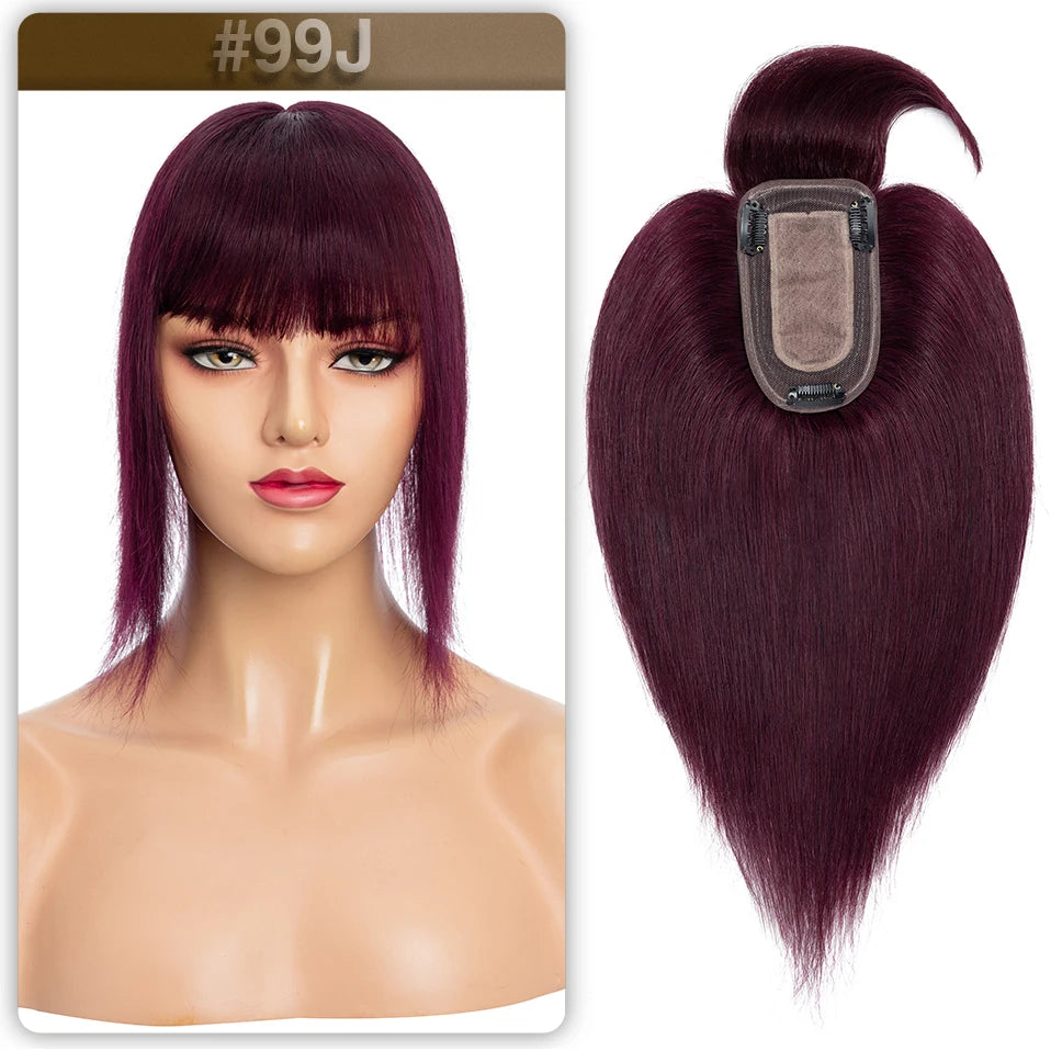 S-noilite Women Toppers Hair With Bangs Human Hair 7x13cm Silk Base Hair Cilp Wig Clip In Hair Extensions Hairpiece Natutal Hair