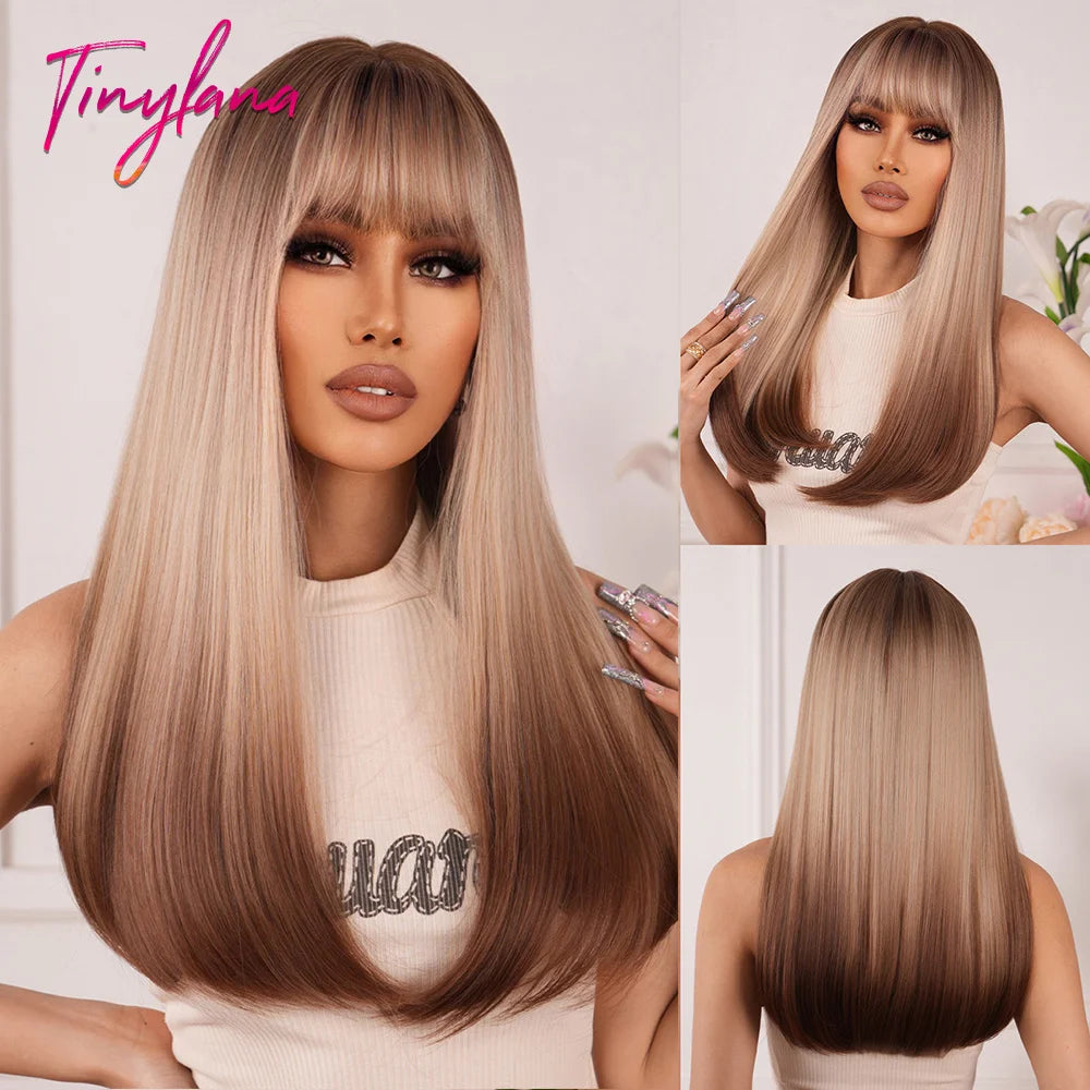 Light Pink Cosplay Long Straight Synthetic Wigs with Bangs Halloween Lolita Colorful Wig for Women Afro Natural Heat Resistant