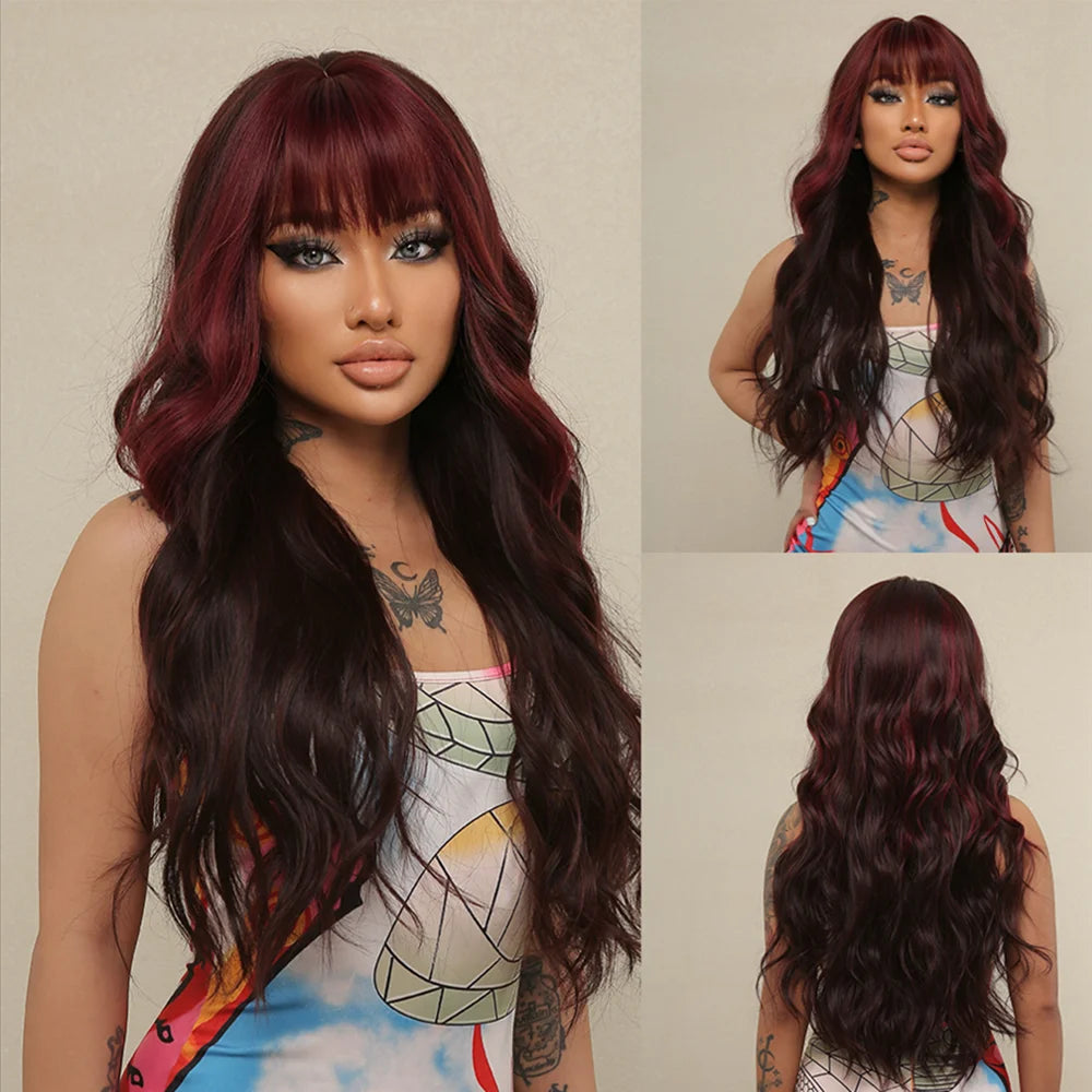 LOUIS FERRE Synthetic Black Green Ombre Long Wavy Curly Wig for Women Natural Hair With Bangs Cosplay Party Heat Resistant Wig