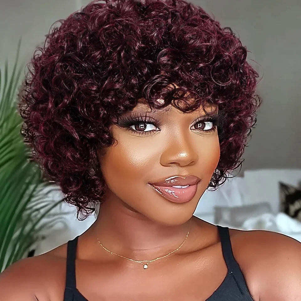 Brazilian Afro Puff Pixie Bob Wig 99J Natural Brown Full Machine Made Pre-Plucked Bangs 100% Human Hair For Black Women