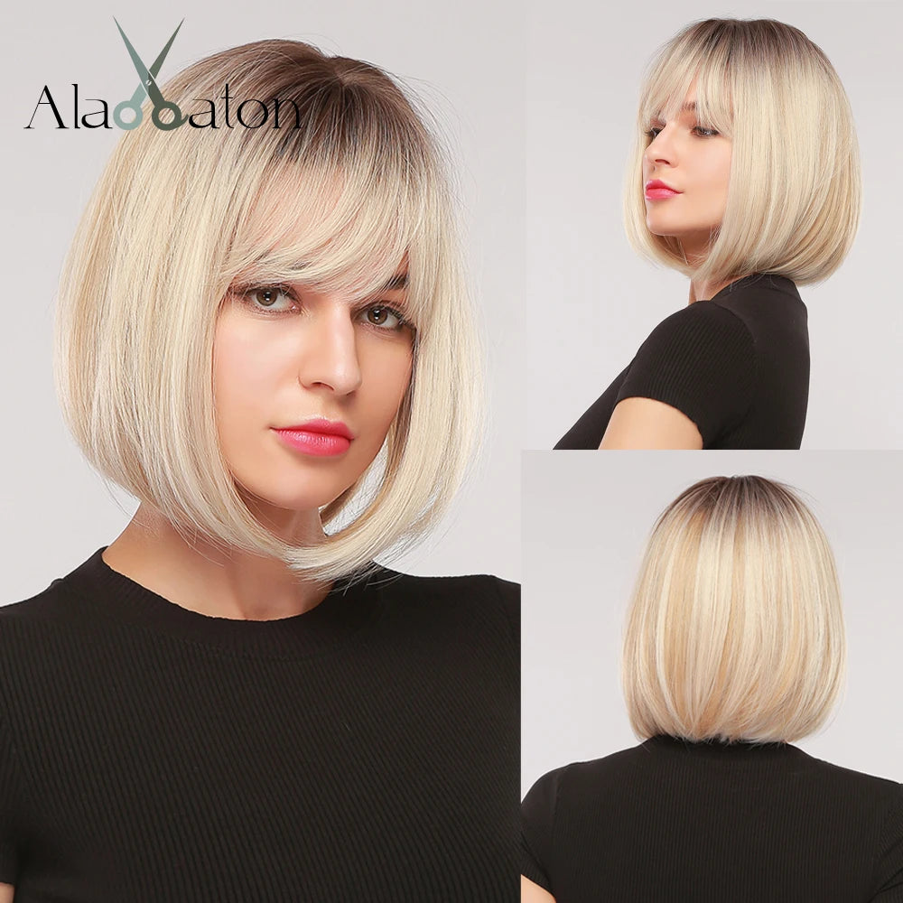 ALAN EATON Platinum Blonde Synthetic Wigs for Women Hihlight Short Straight Bob Wig with Bangs Daily/Party Hair Heat Resisitant