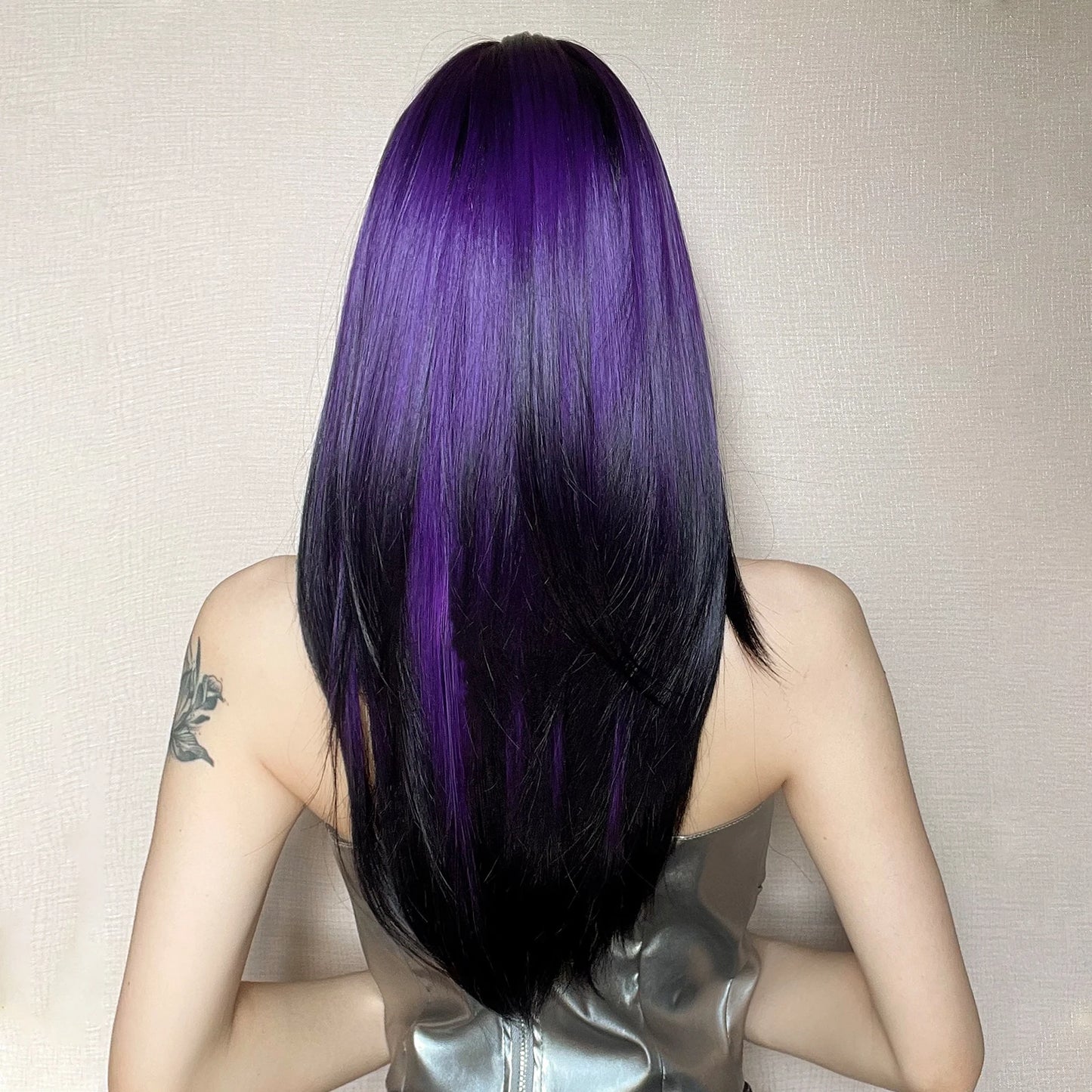 Long Straight Black Purple Synthetic Wig with Bangs Purple Ombre Cosplay Layered Wig for Women Party Heat Resistant Natural Hair