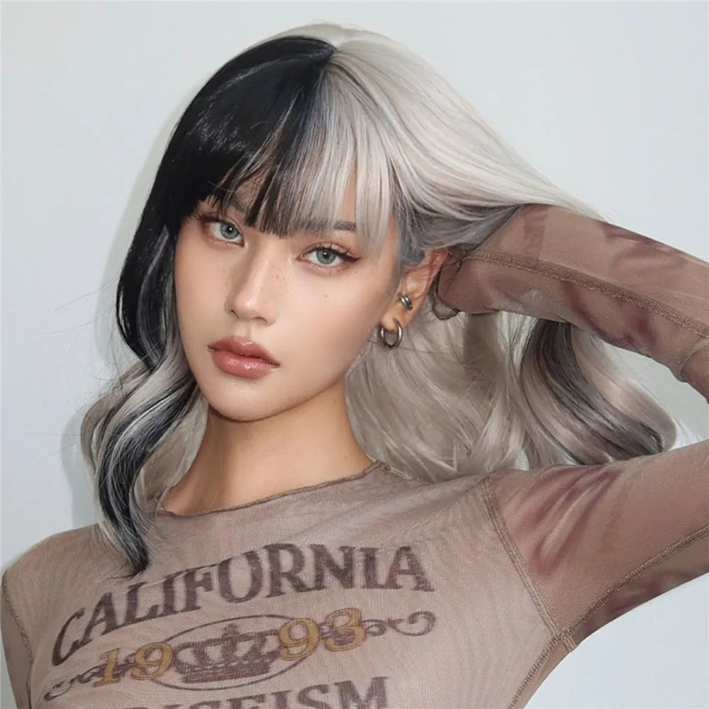 HENRY MARGU Short Half Black And Half White Wig Curly Wavy Shoulder Length Synthetic Hair Cosplay Wig with Bangs for Halloween