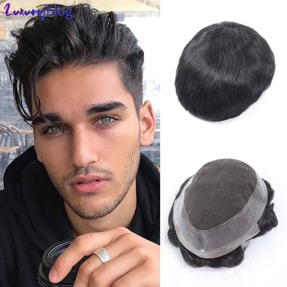 100% Human Hair Mens Capillary Prosthesis Lace with PU Toupee for Men Wig Replacement System Male Wig Hairpiece 7x9inch