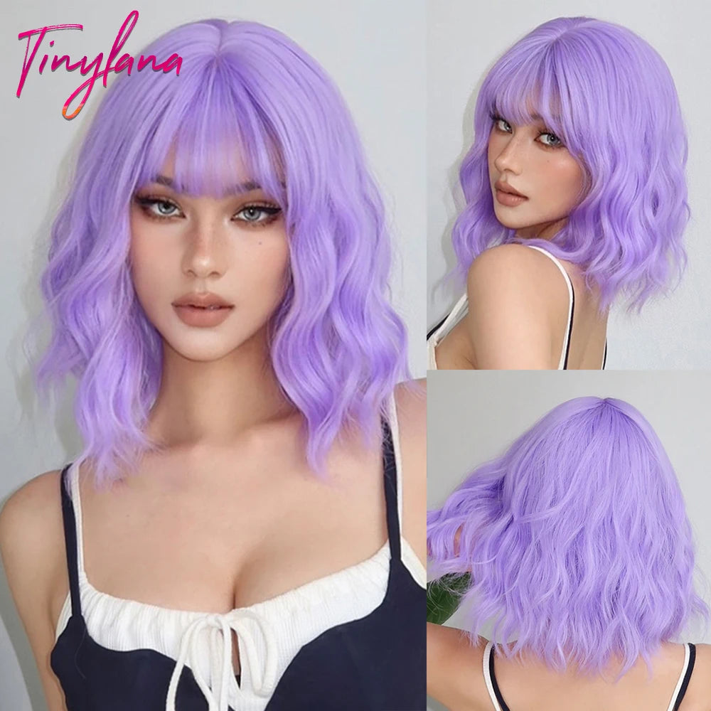 Bob Blue Curly Wavy Wigs with Bangs Short Colorful Cosplay Wigs for Women Afro Halloween DaiIy Natural Heat Resistant Fake Hair