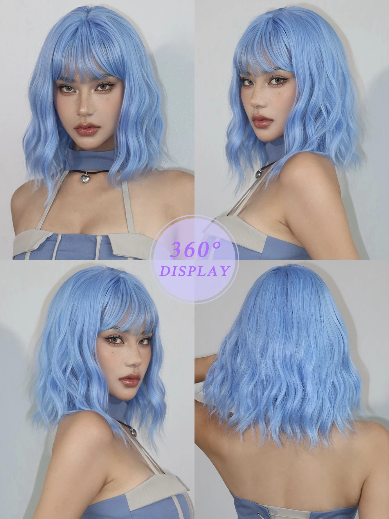 Bob Blue Curly Wavy Wigs with Bangs Short Colorful Cosplay Wigs for Women Afro Halloween DaiIy Natural Heat Resistant Fake Hair