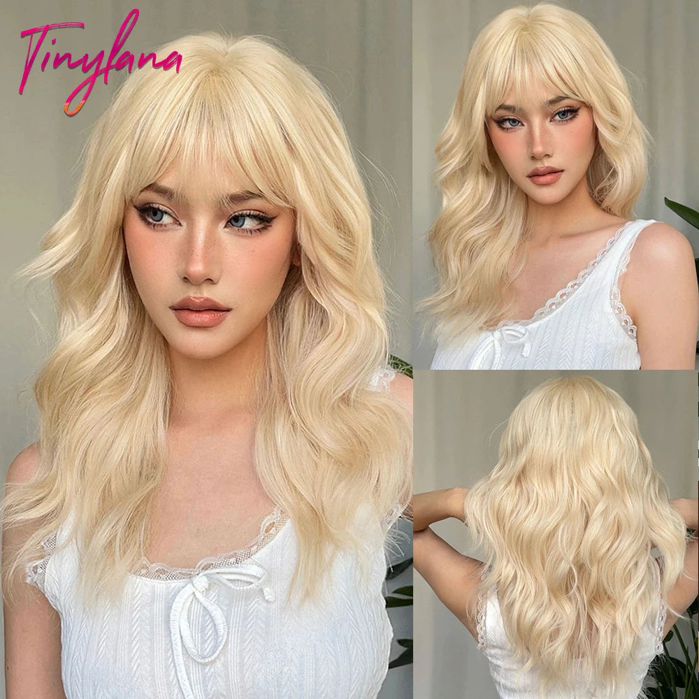 Blonde Ginger Yellow Lolita Cosplay Synthetic Wigs Long Curly Wavy Natural Hair with Bangs for Women Party Heat Resistant Wig
