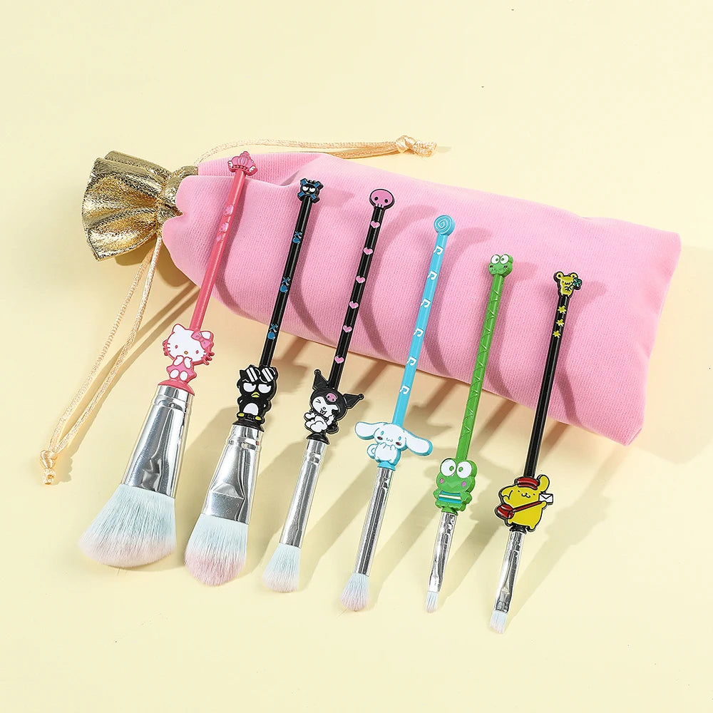 6Pcs Hello Kitty Makeup Brushes Kits Kawaii Sanrios Kuromi Powder Blending Blush Concealer Eyebrow Brush With Velvet Bag