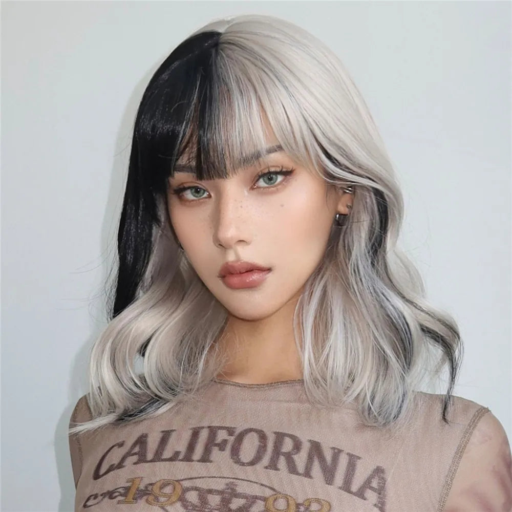HENRY MARGU Short Half Black And Half White Wig Curly Wavy Shoulder Length Synthetic Hair Cosplay Wig with Bangs for Halloween