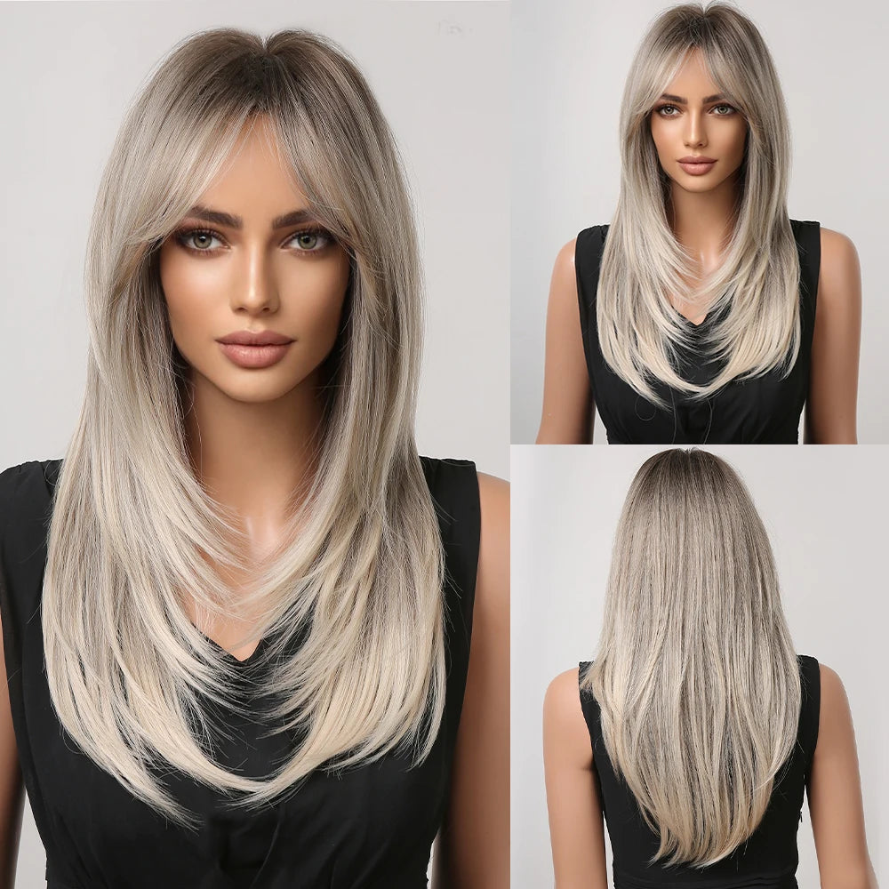 Long Wavy Gray Ash Brown Blonde Ombre Synthetic Wigs with Bangs Cosplay Natural Curly Hair Wig for Women Afro Heat Resistant