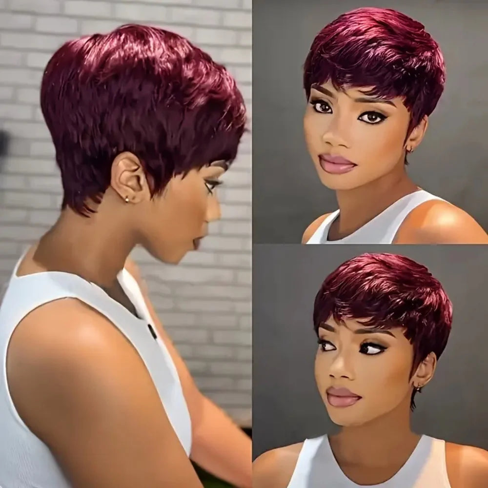6-Inch Pixie Cut Wig with Bangs in Vibrant Red 99J Burgundy Brazilian Remy Human Hair wig