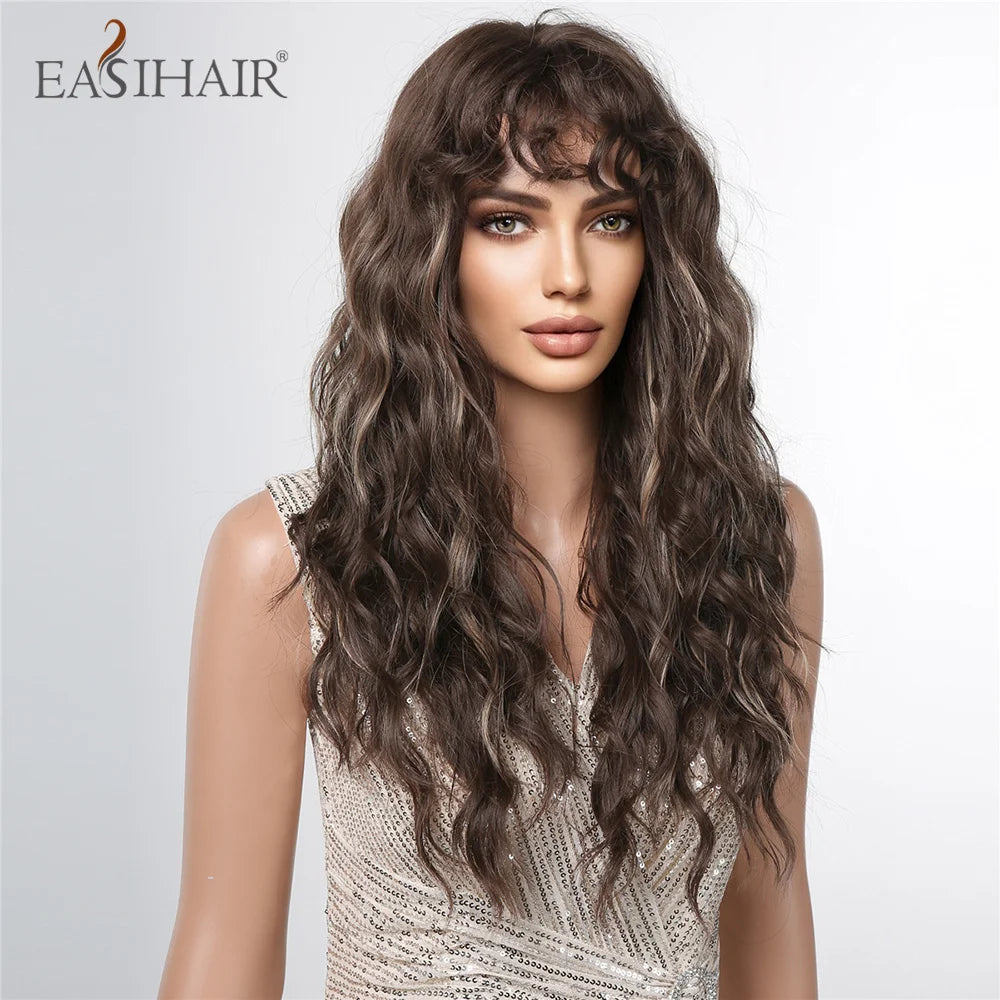 EASIHAIR Brown Black Kinky Curly Wave Synthetic Wigs with Bangs Deep Wave Long Hair Wigs for Women Daily Cosplay Heat Resistant