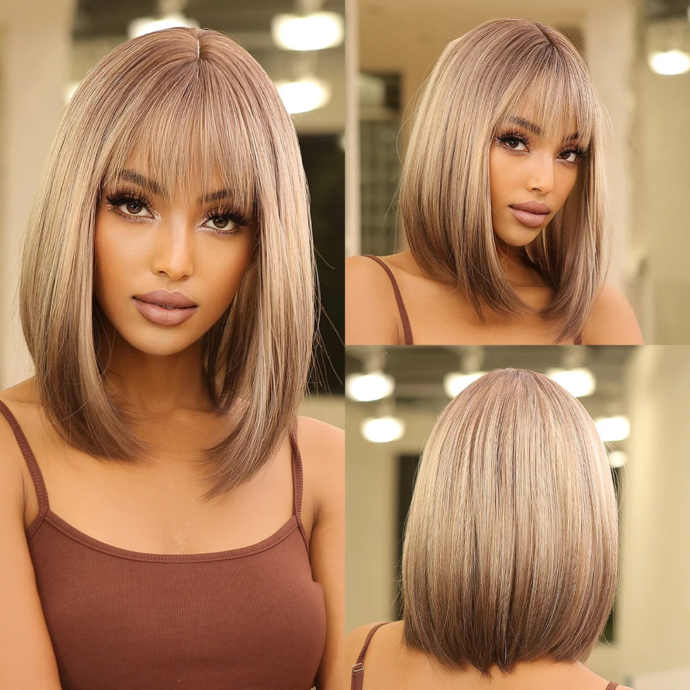 LOUIS FERRE Short Straight Synthetic Wigs for Women Brown Bob Wigs with Bangs Daily Cosplay Medium Length Heat Resistant Hair