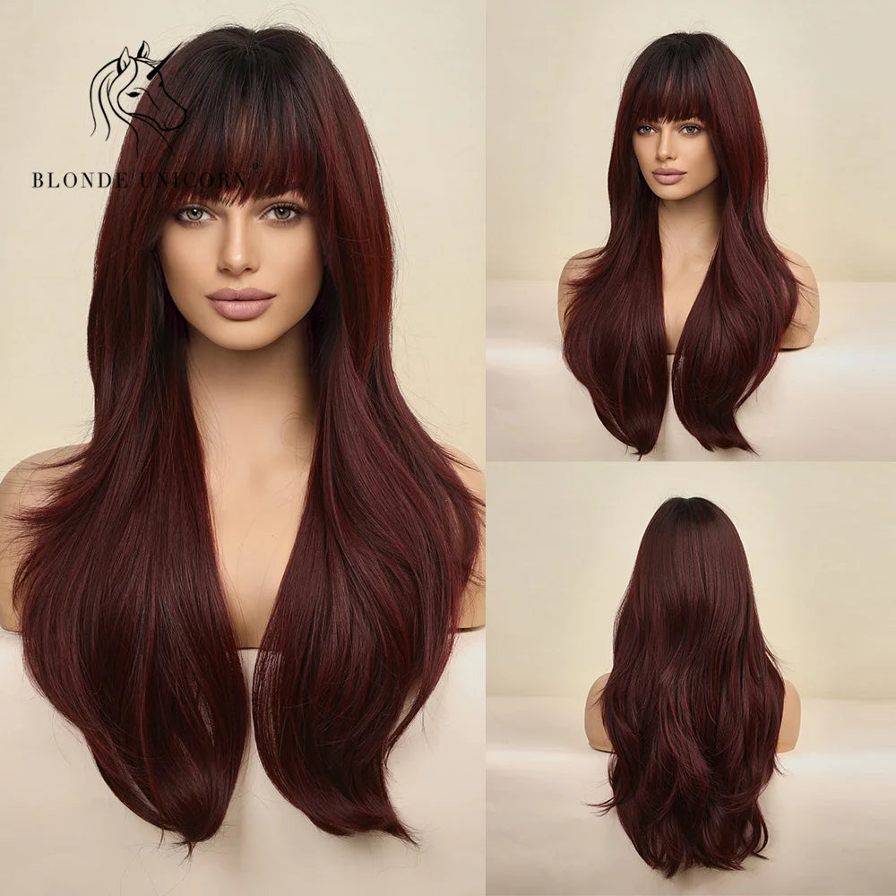 Blonde Unicorn Cherry Red Wig Synthetic Long Wavy Wig with Bangs Daily Party Cosplay Hair Wigs for Women Heat Resistant Fiber
