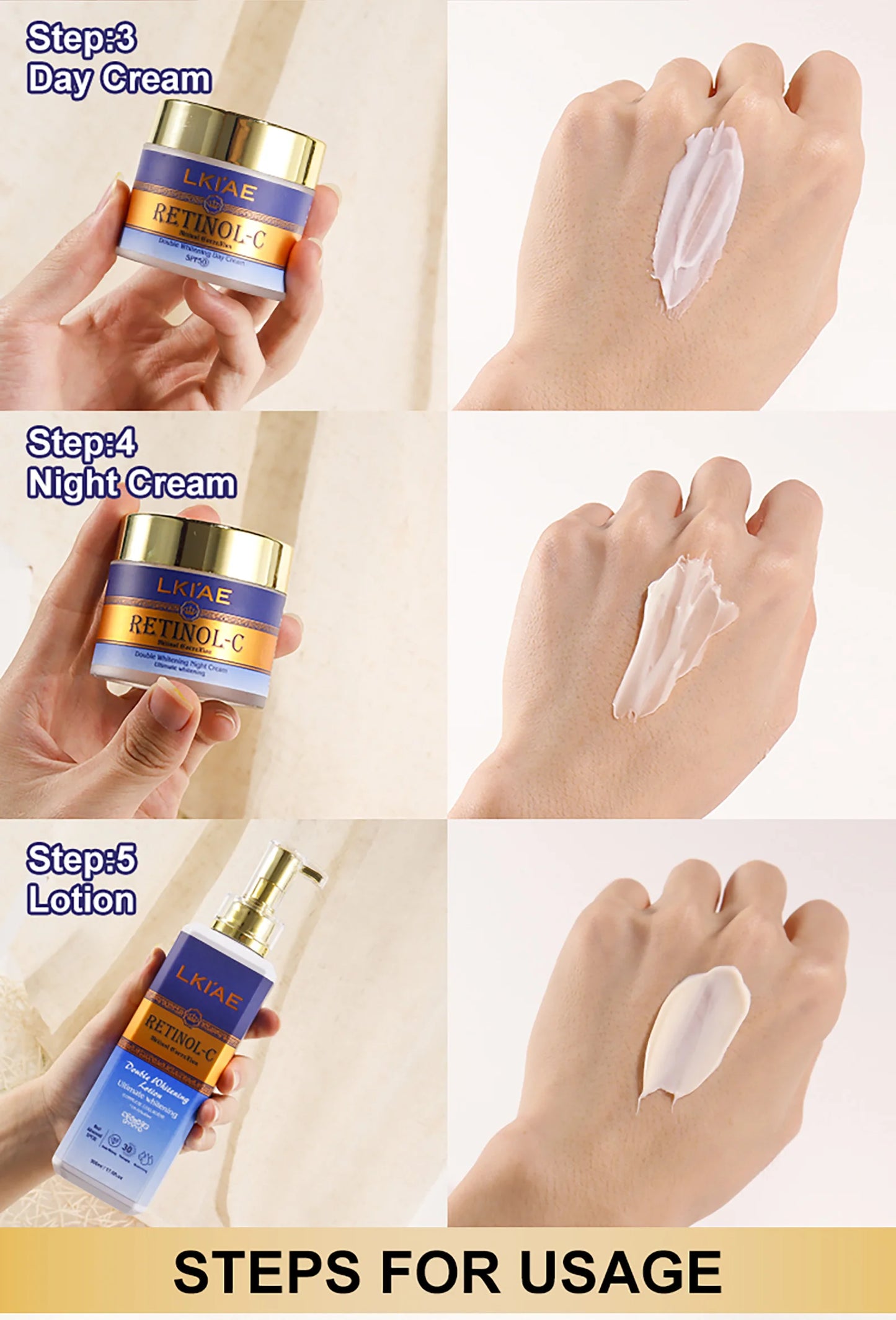 LKIAE Retinol Whitening Skin Care Set, Moisturizing, Reduce Wrinkles, Fine Lines, Dark Spots, With Collagen, Snail Extract