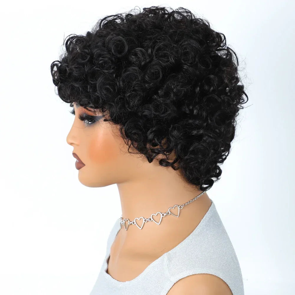 Brazilian Afro Puff Pixie Bob Wig 99J Natural Brown Full Machine Made Pre-Plucked Bangs 100% Human Hair For Black Women