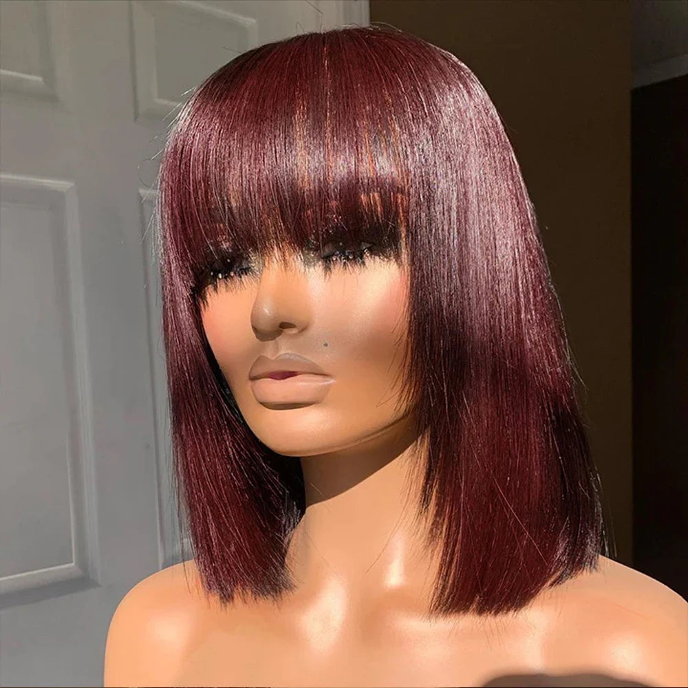 Straight Bob Human Hair Wigs With Bangs Short Brazilian Human Hair 150density For Woman No Lace Full Machine Made Human Hair Wig