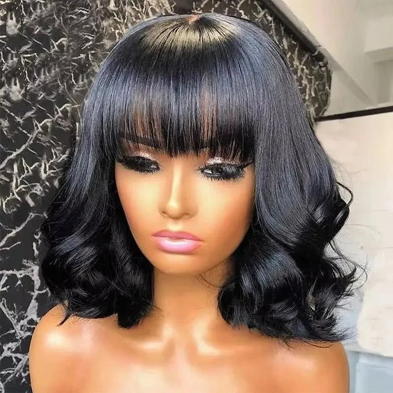 Body Wave Short Bob Human Hair Wig With Bangs Glueless Full Machine Made Wig For Women Brazilian Water Wave Bob Wig With Bangs