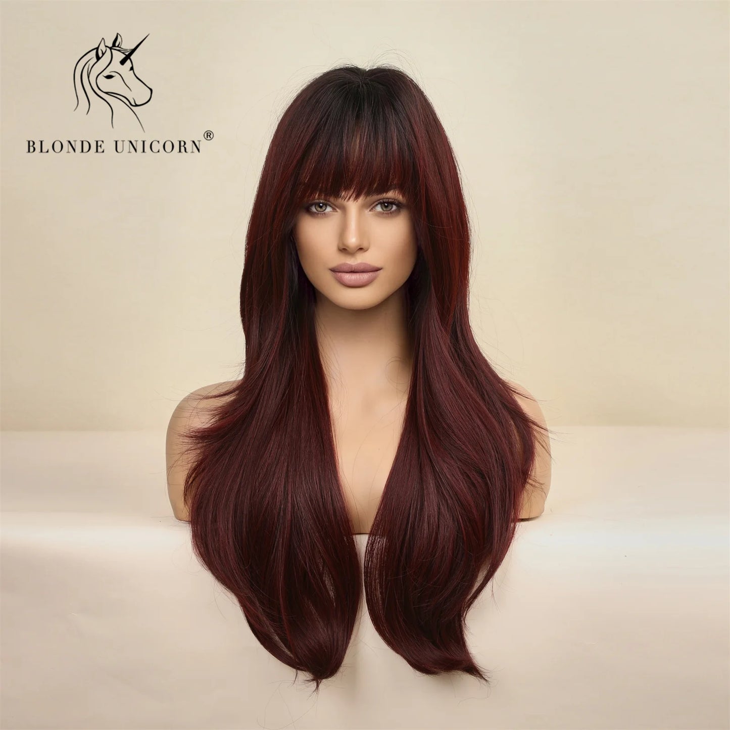 Blonde Unicorn Cherry Red Wig Synthetic Long Wavy Wig with Bangs Daily Party Cosplay Hair Wigs for Women Heat Resistant Fiber