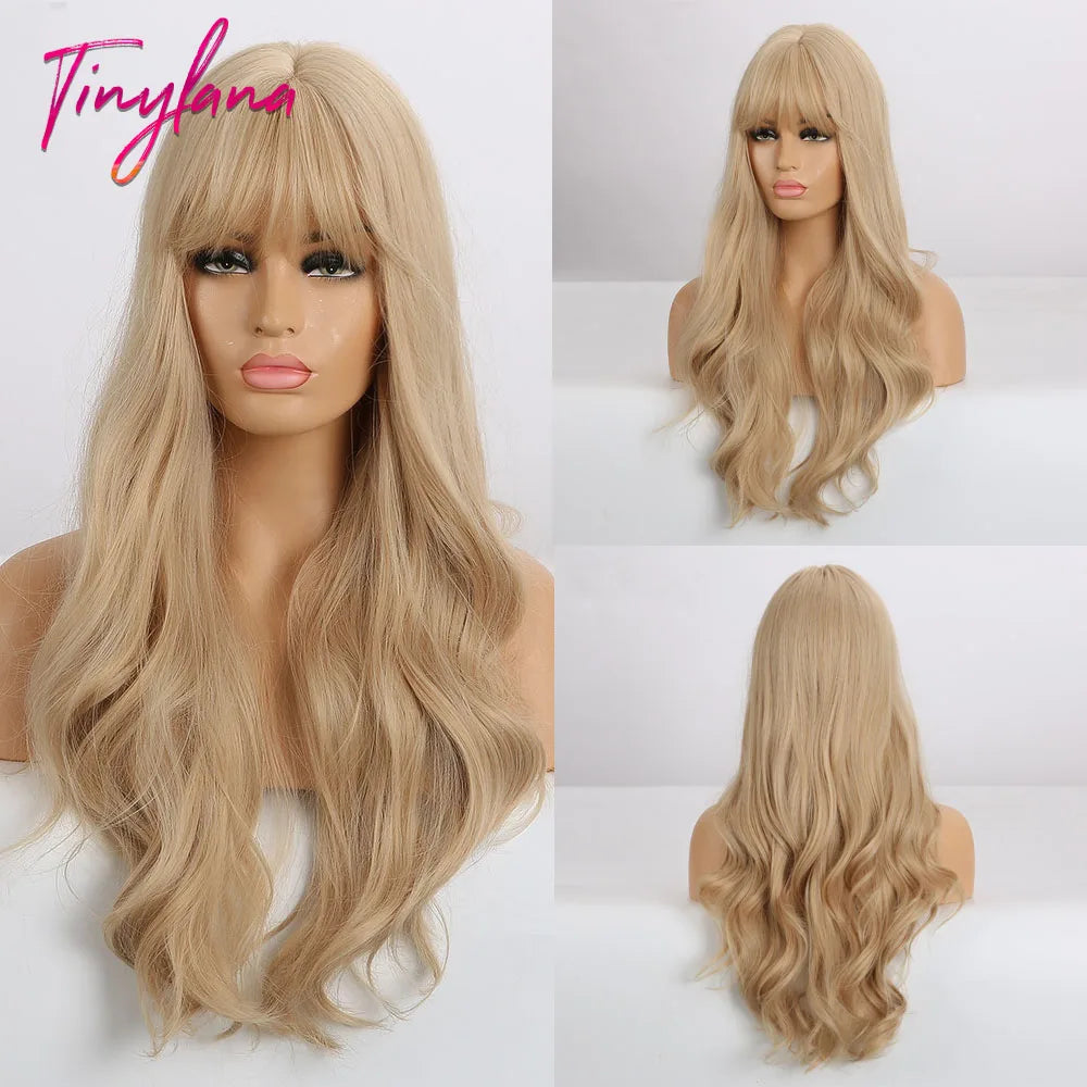 Blonde Ginger Yellow Lolita Cosplay Synthetic Wigs Long Curly Wavy Natural Hair with Bangs for Women Party Heat Resistant Wig