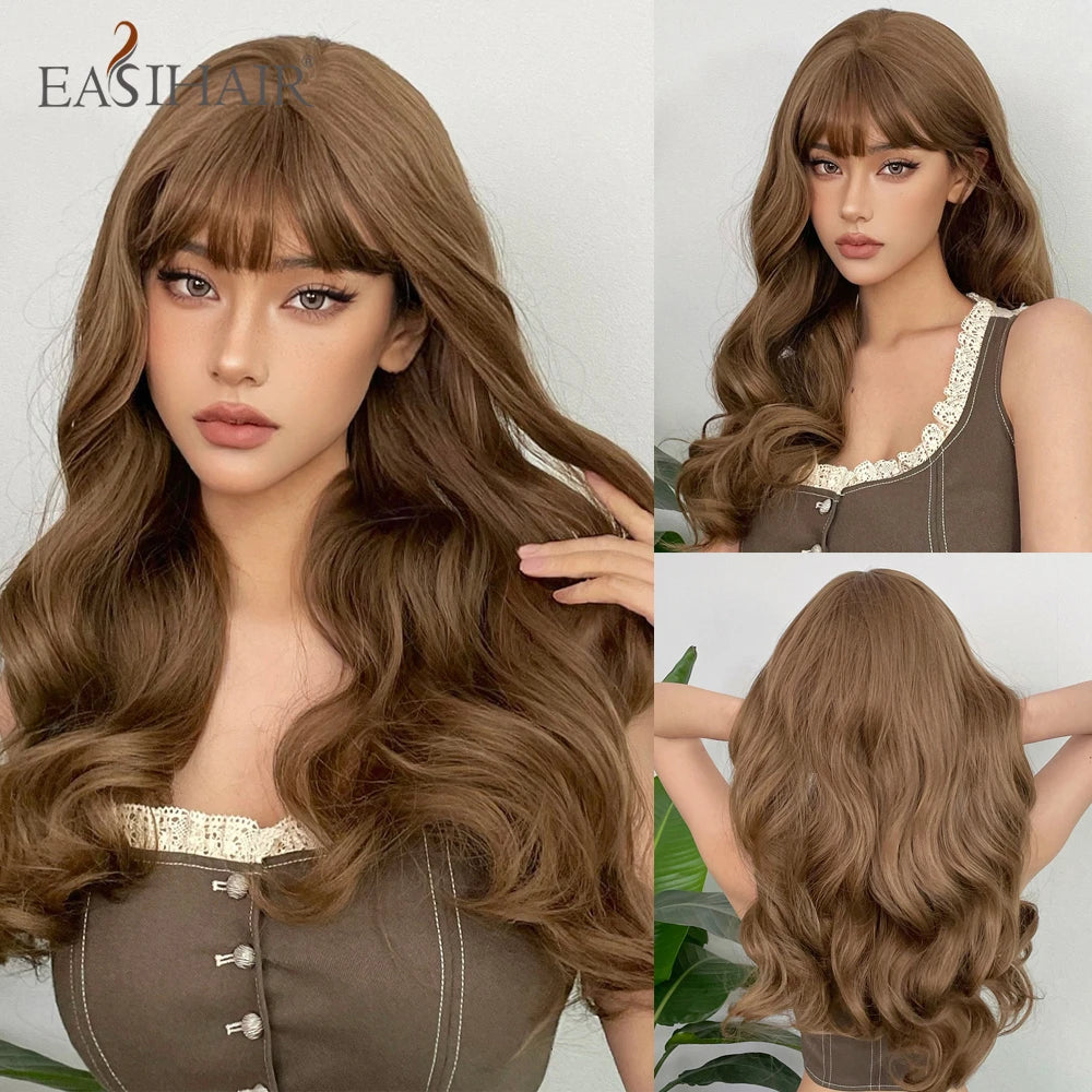 Ombre Light Brown Wigs with Bangs Blonde Highlight Long Curly Wavy Synthetic Wigs for Women Daily Cosplay Party Heat Resistant