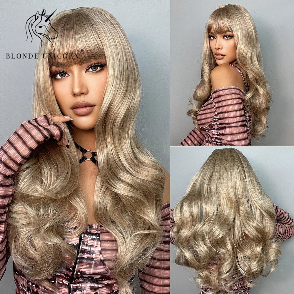 Blonde Unicorn Cherry Red Wig Synthetic Long Wavy Wig with Bangs Daily Party Cosplay Hair Wigs for Women Heat Resistant Fiber