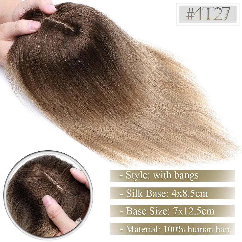 TESS Women Topper 7x12.5cm Hair Toppers With Bangs Natural Hair Wig Human Hair Silk Base Center Part Hair Clip In Hair Extension