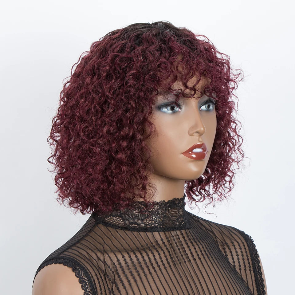 Jerry Curly Short Bob Human Hair Wigs With Bangs Wear To Go Glueless Wig Ombre 99J Water Wave Blonde Colored Wig For Women