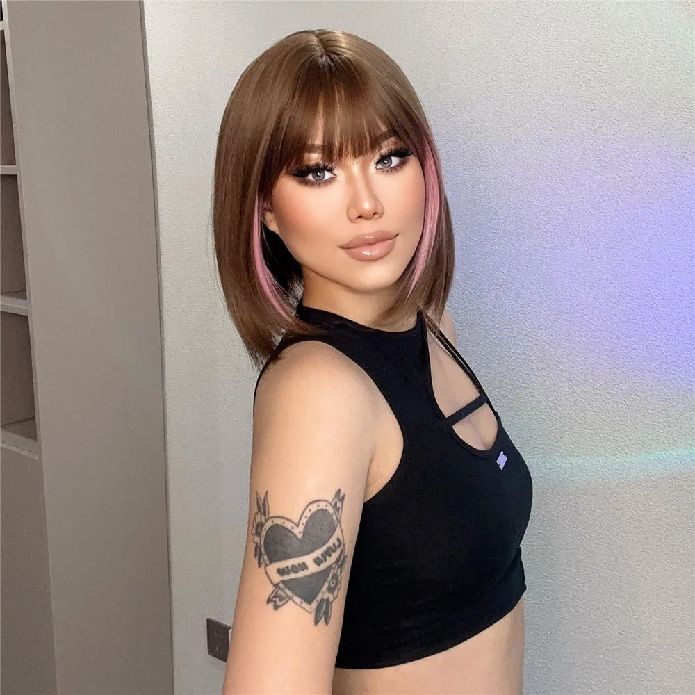 HENRY MARGU Brown Short Bob Straight Wigs with Pink Highlight Women Brown Daily Wig Synthetic Hair Wig with Bangs Heat Resistant