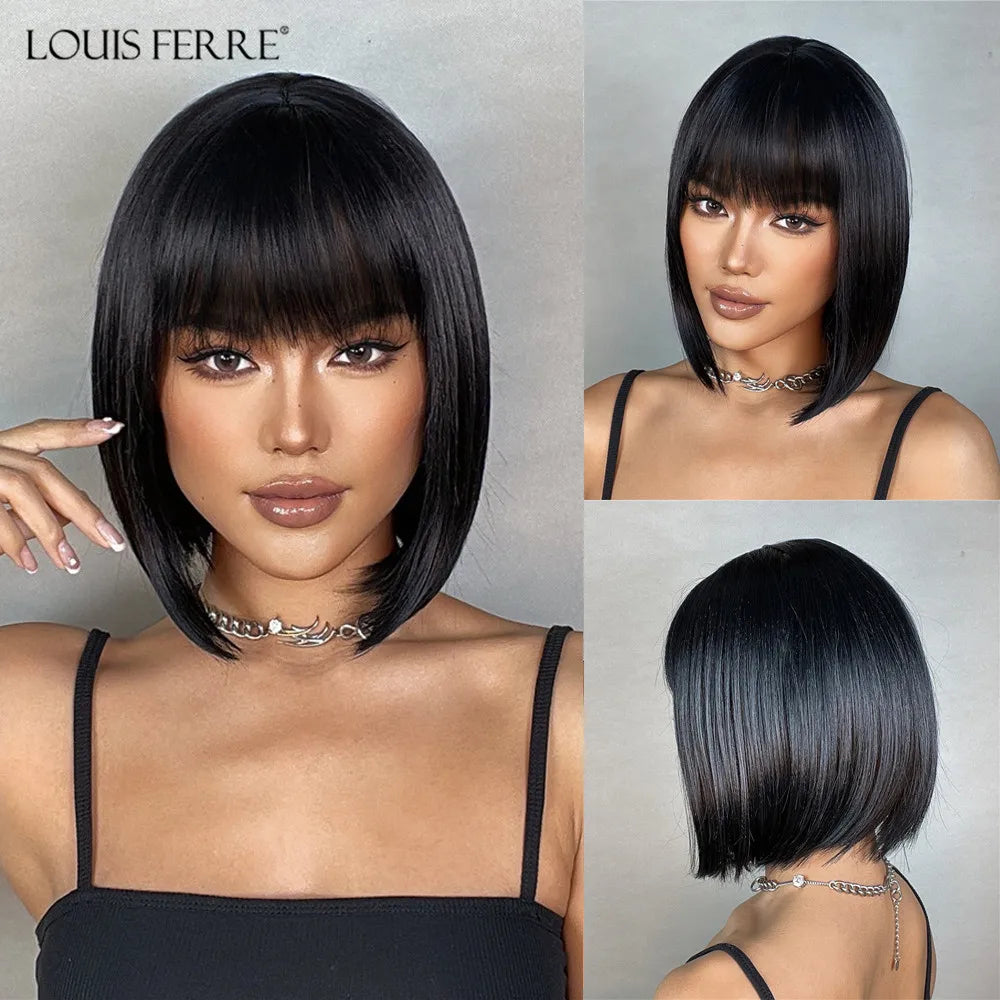 Short Straight Synthetic Wigs Black Mixed Ginger Orange Wigs for Women Natural Hair With Bangs Heat Resistant Daily Cosplay Wigs