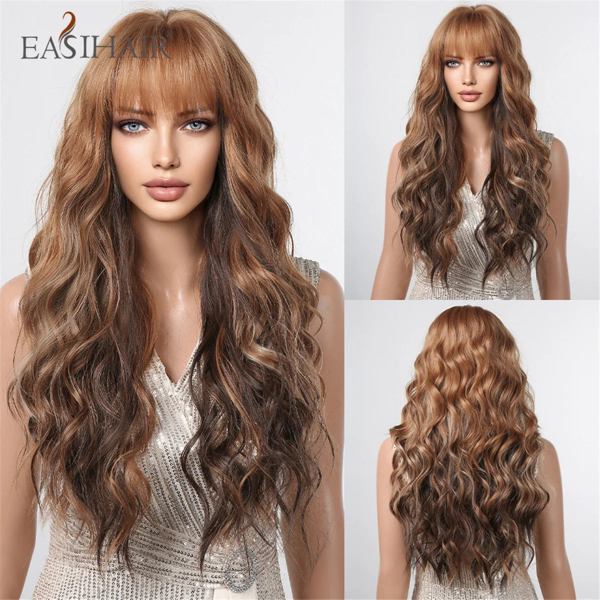 EASIHAIR Brown Black Kinky Curly Wave Synthetic Wigs with Bangs Deep Wave Long Hair Wigs for Women Daily Cosplay Heat Resistant